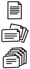 A vector image displays a single document at the top, a small stack of three documents in the middle, and a larger stack of five documents at the bottom, all with text.