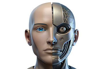 A conceptual rendering of a human robot face showcasing artificial intelligence and futuristic bionic technology on a transparent background.