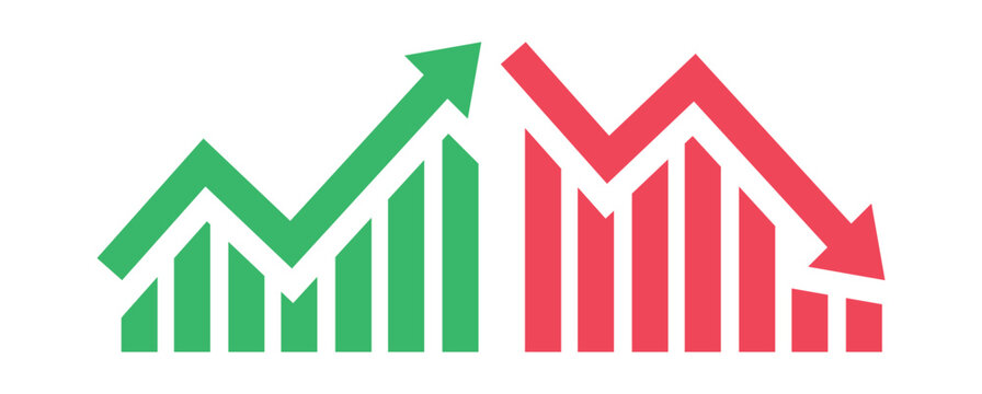 Graph going down and up sign with green and red arrows vector. Bar chart symbol icon with arrow moving down and sales bar chart with arrow moving up.