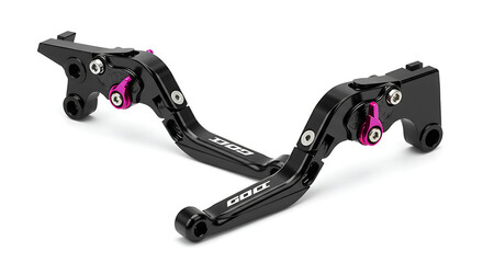 A pair of high-performance aftermarket motorcycle levers, featuring a sleek black anodized finish on CNC-machined aluminum.