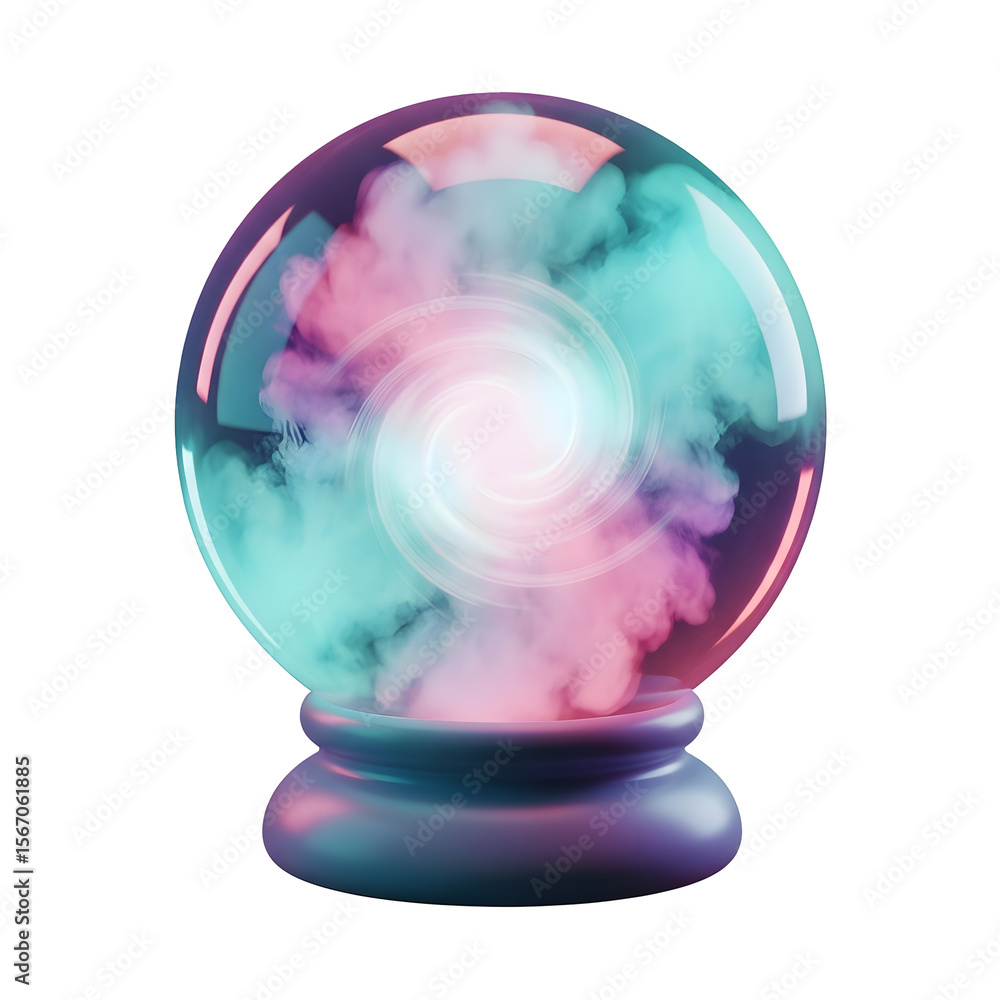Poster transparent orb displaying swirling colorful mist on a gradient pedestal