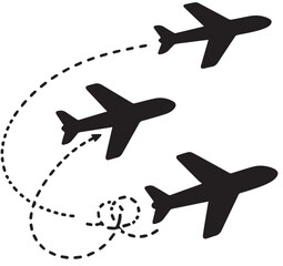 A black and white vector image depicts three airplanes in various flight paths, with dashed lines illustrating their trajectories and turns.