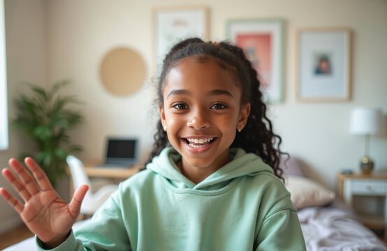 Happy African American teen girl waving hand, smiling at camera in bedroom. Teenager recording vlog, streaming for social media, video calling in online chat at home. Modern communication, social - Powered by Adobe