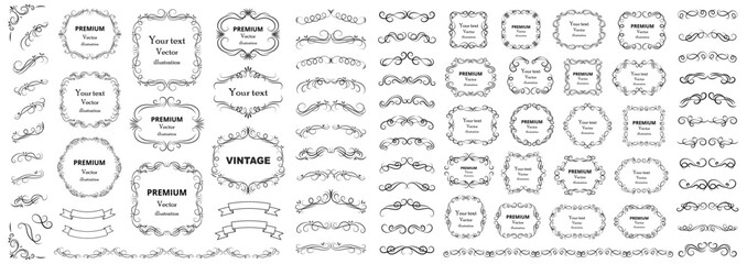 Big set of vector graphic elements for design. Decorative swirls or scrolls, vintage frames , flourishes, labels and dividers. Retro vector illustration