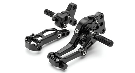 A complete set of high-performance, black anodized motorcycle rearsets, meticulously arranged and isolated on a clean white background.