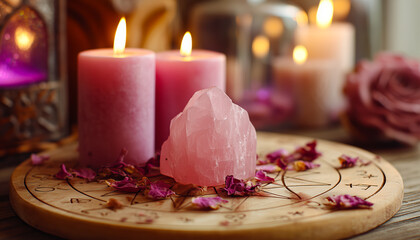 A love ritual scene with crystals, candles, and rose petals glows softly in pink and violet light, radiating peaceful energy.