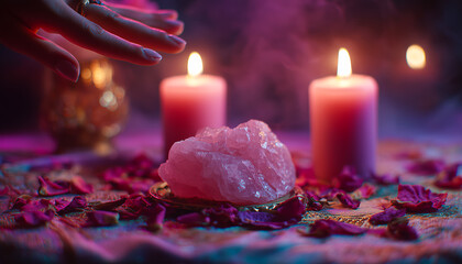 A love ritual scene with crystals, candles, and rose petals glows softly in pink and violet light, radiating peaceful energy.