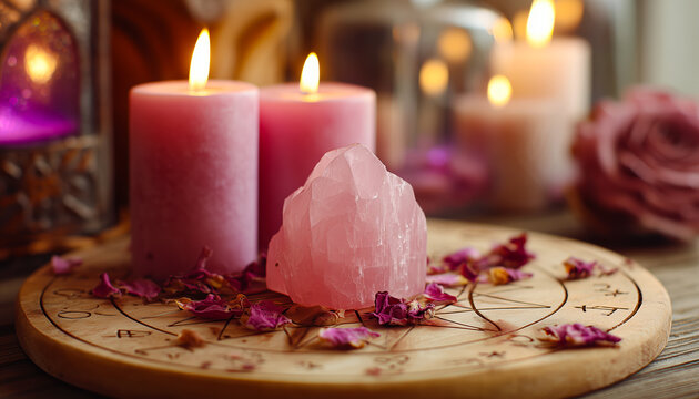 A love ritual scene with crystals, candles, and rose petals glows softly in pink and violet light, radiating peaceful energy.