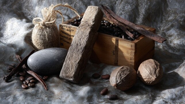 Flatlay of spices and cooking tools on dark textured surface for culinary ingredients photography layout concept
