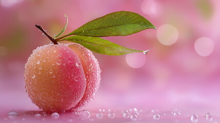 Refreshing peach fruit close-up nature photography soft pink background macro view juicy and dewy appeal