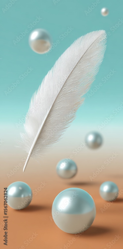 Poster on a soft gradient background in pastel tones, a white feather is seen floating with shiny pearls