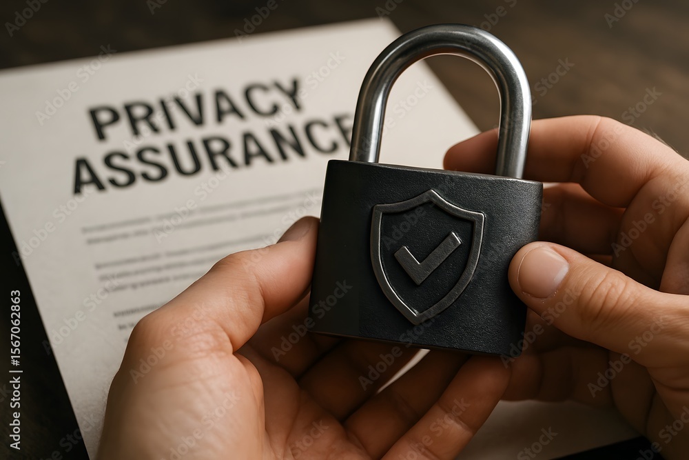 Poster privacy assurance with padlock security and data protection for secure information management concep