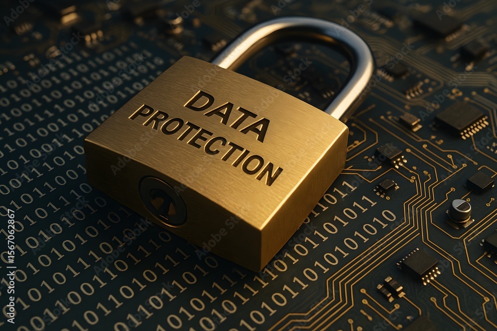 Poster data protection and cybersecurity concept with padlock on circuit board for privacy and security