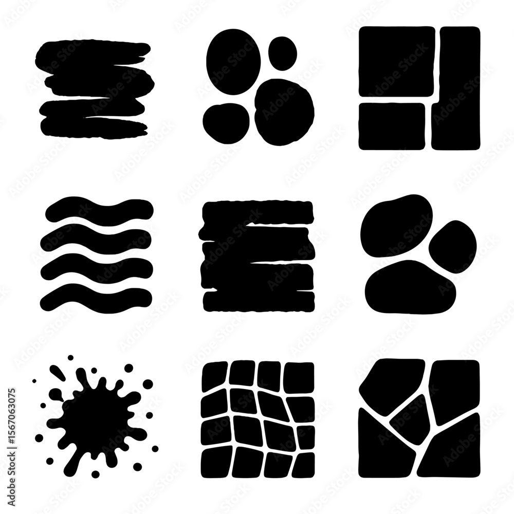 Poster abstract icon grid. solid, filled icon set of abstract bold patterns: brush strokes, ink blots, colo