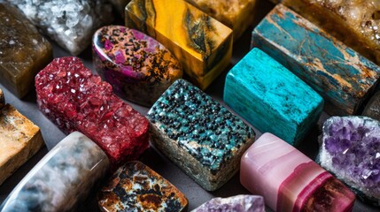Colorful gemstone handmade soap bars stacked in vibrant layout for beauty product photography branding concept