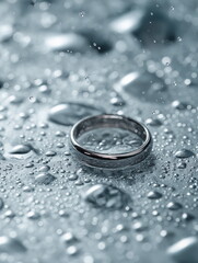 Elegant wedding ring on water droplets romantic setting close-up photography soft lighting symbol of love and commitment
