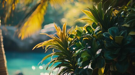 Lush tropical landscape with palm trees and sunlight creating exotic vacation nature destination photography layout