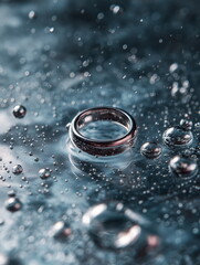 Elegant wedding ring surrounded by water droplets close-up photography underwater environment artistic viewpoint symbol of love