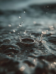 Ring splashing in water ocean shoreline macro photography serene environment close-up viewpoint symbol of love and commitment