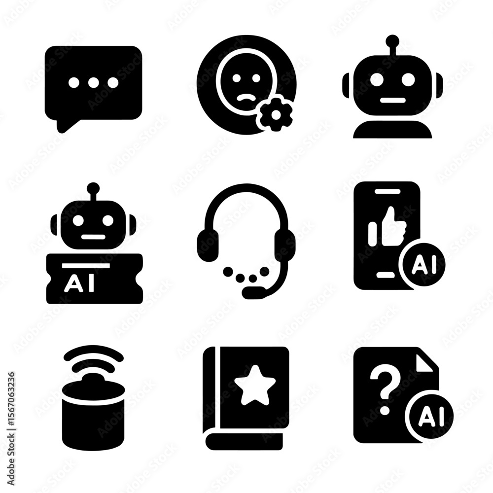 Poster ai service icons grid. solid, filled icon set of ai in customer service: live chat icon, sentiment a
