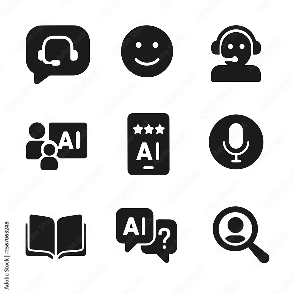 Poster ai service icons grid. solid, filled icon set of ai in customer service: live chat icon, sentiment a