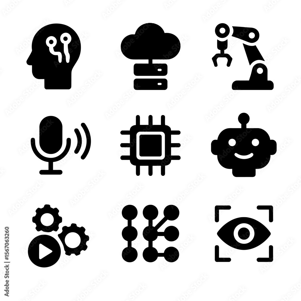 Aufkleber ai technology icon set. solid, filled icon set of ai technology: machine learning, data cloud, robot