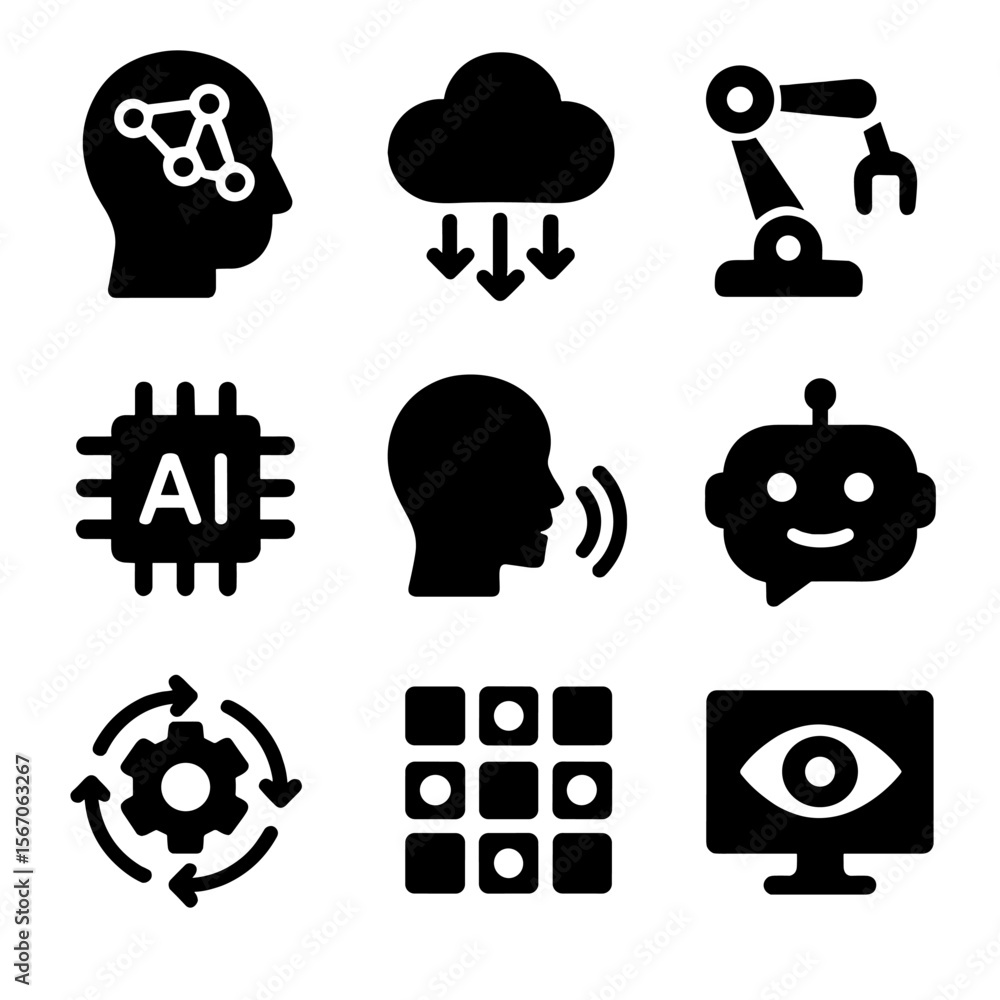 Poster ai technology icon set. solid, filled icon set of ai technology: machine learning, data cloud, robot