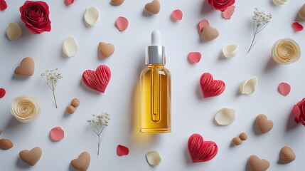 Essential oil dropper surrounded by romantic petals studio setting product photography aesthetic vibes close-up perspective