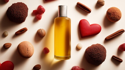 Scented elegance perfume bottles surrounded by gourmet treats modern studio setting still life photography luxury vibes