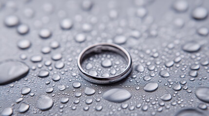 Elegant wedding ring on rain-drenched surface close-up photography reflective mood modern aesthetic