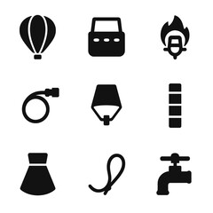 Fototapeta premium Air Balloon Parts Icons. Solid, filled icon set of air balloon parts: envelope, basket, burner, fuel hose, vent flap, load tape,