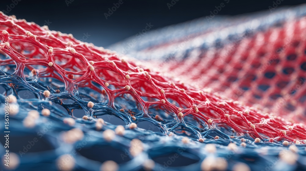 Poster red biological cells are visualized in an abstract manner within a vibrant microscopic environment t