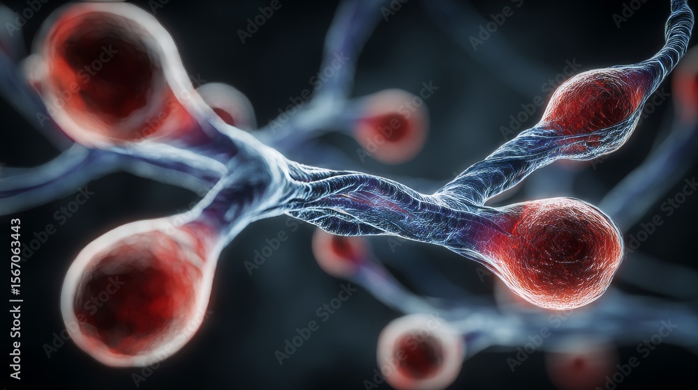 Poster a vibrant microscopic environment serves as the backdrop for an abstract visualization of red biolog
