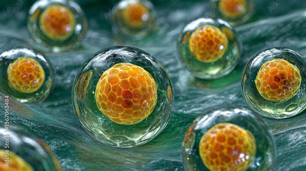 Poster orange spheres are depicted in an abstract 3d rendering on a surface that is green and has a texture
