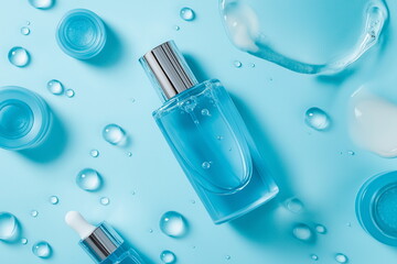 Refreshing skincare routine modern bathroom product photography calm environment top view hydration and beauty