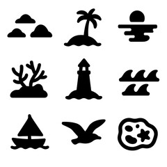 Archipelago Icon Set. Solid, filled icon set of archipelago landscapes: island cluster, palm tree, sandy beach, coral reef,
