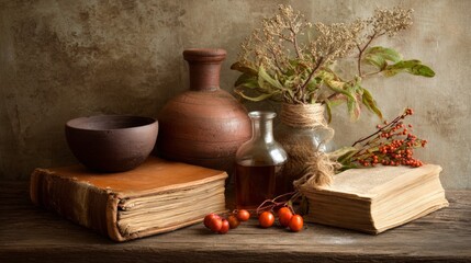 Clay pottery with dried herbs and fruits on rustic table artistic still life photography setup