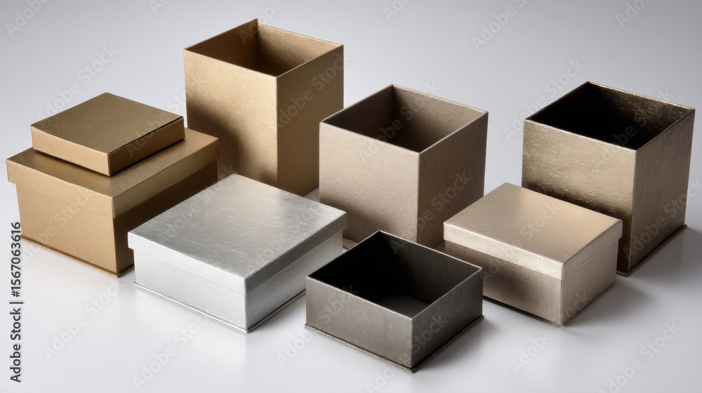 Poster different sizes of open and closed packaging boxes in neutral color set product photography layout m