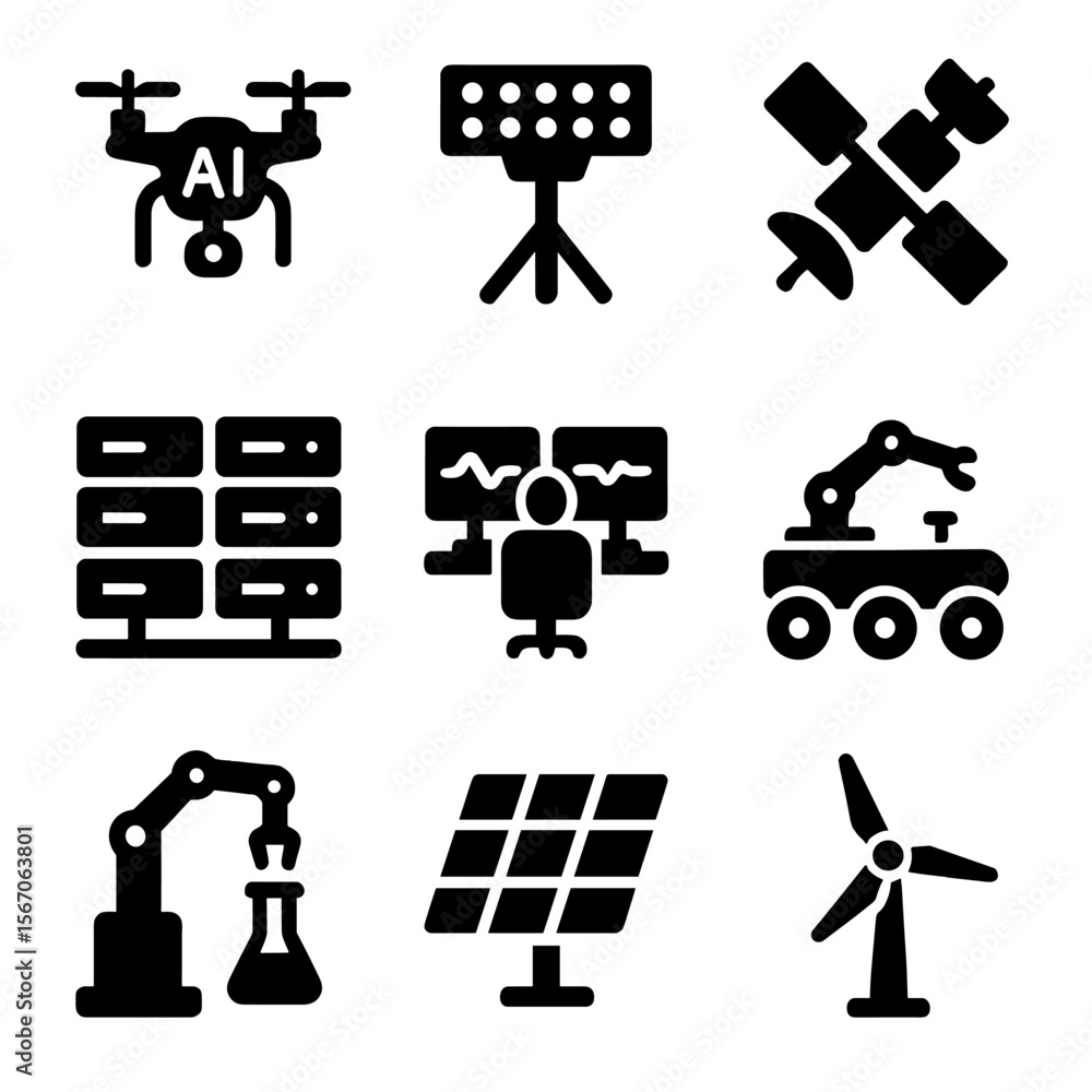 Poster ai monitoring icons. solid, filled icon set of ai-powered monitoring infrastructure: drone fleet, se