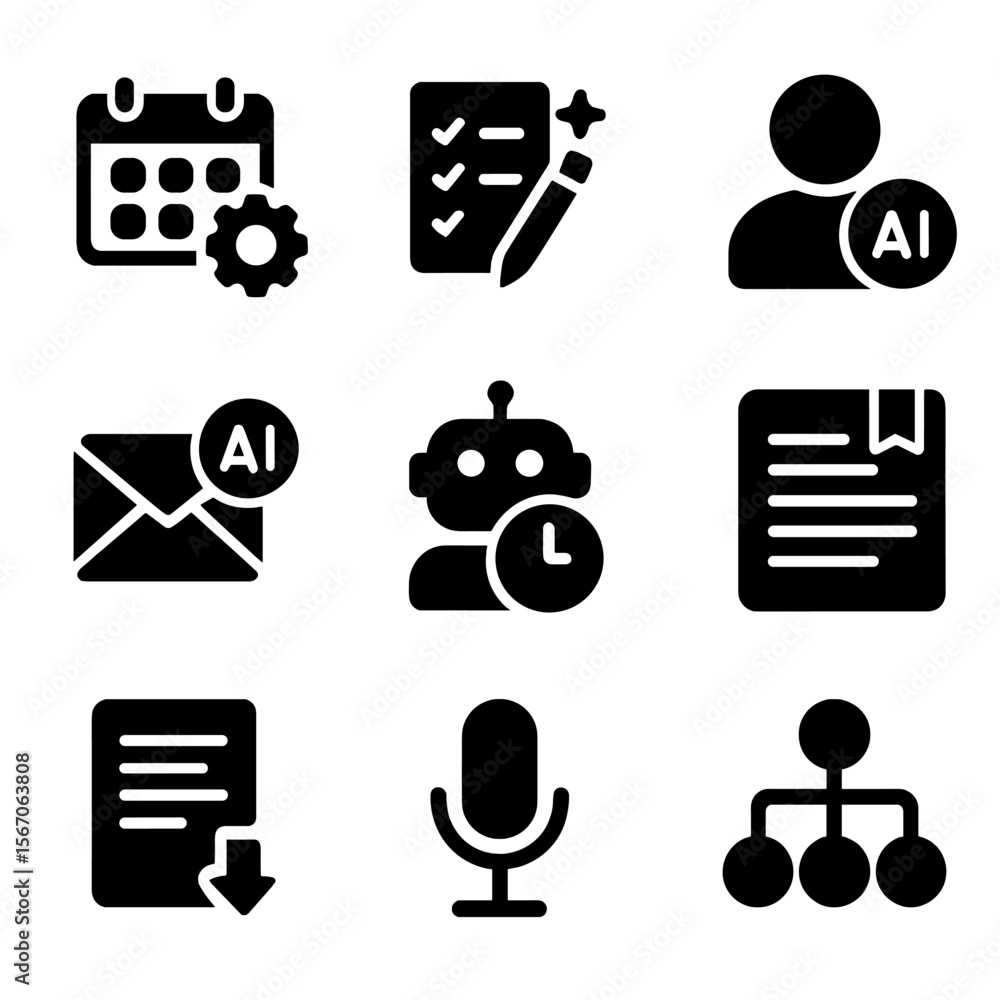 Poster ai productivity icons. solid, filled icon set of productivity ai tools: calendar automation, smart t