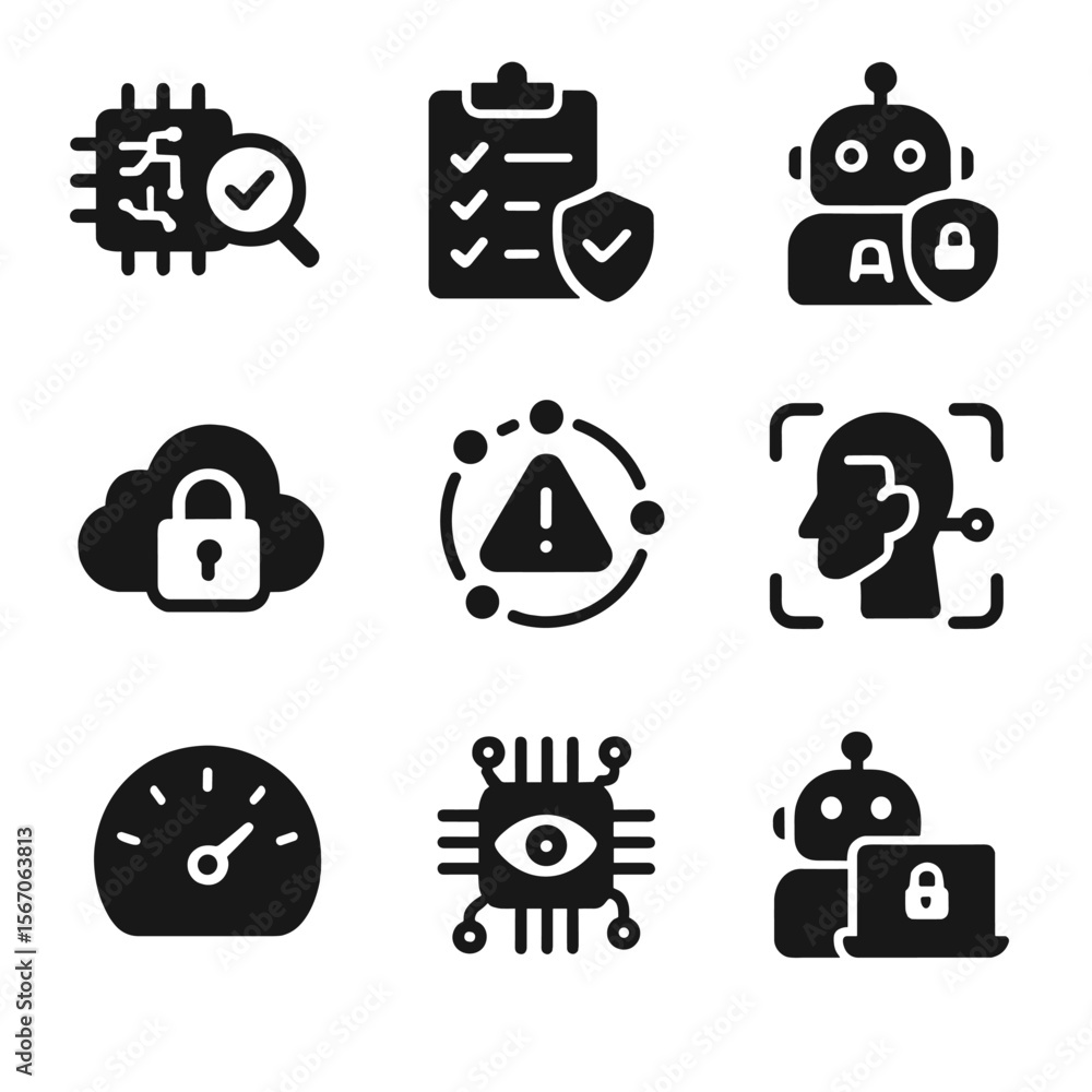Poster ai security icons. solid, filled icon set of ai security and compliance tools: threat detection, com