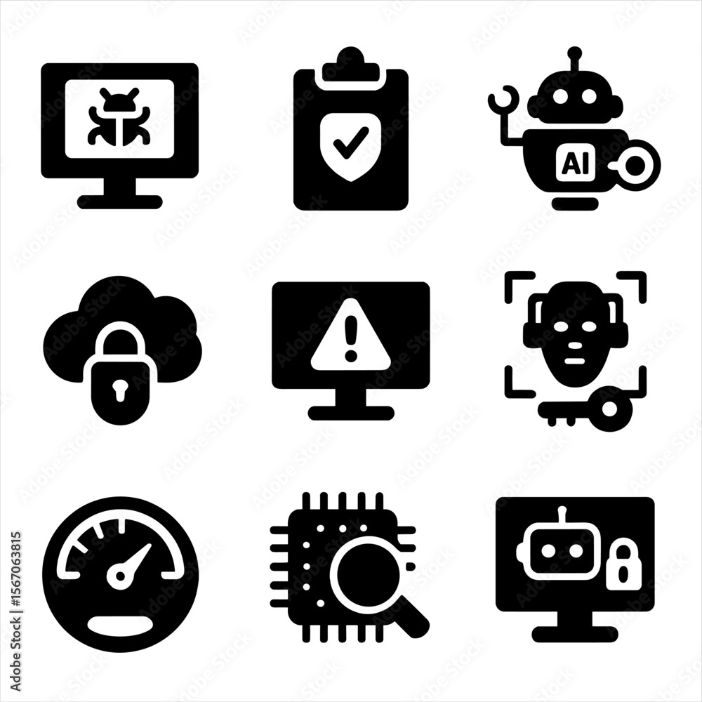 Poster ai security icons. solid, filled icon set of ai security and compliance tools: threat detection, com
