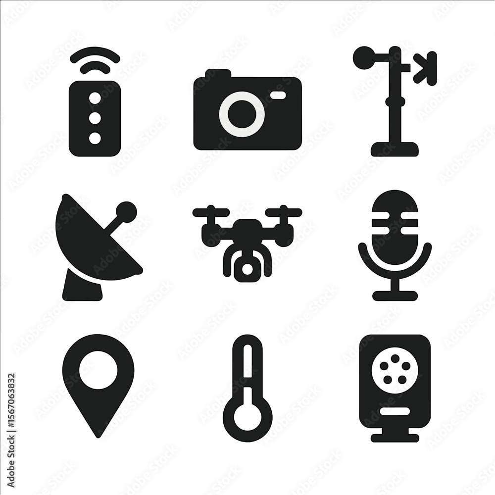 Poster ai tools icon set. solid, filled icon set of ai data collection tools: remote sensor, camera, weathe