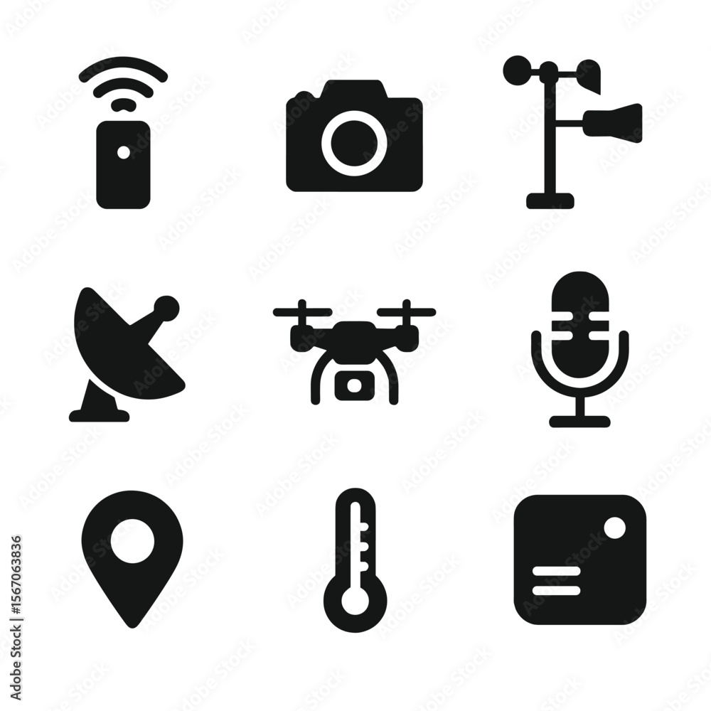 Poster ai tools icon set. solid, filled icon set of ai data collection tools: remote sensor, camera, weathe