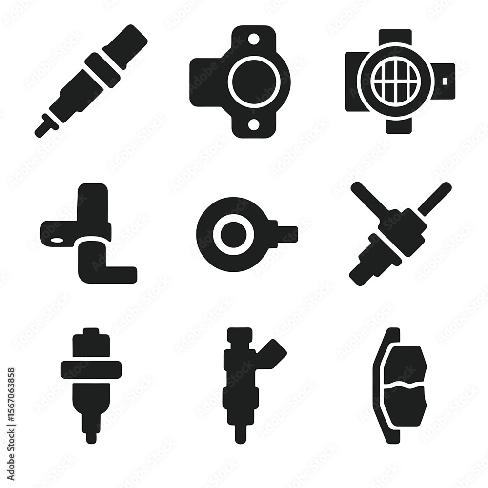 Poster automotive sensor icons. solid, filled icon set of automotive sensors: oxygen sensor, throttle posit
