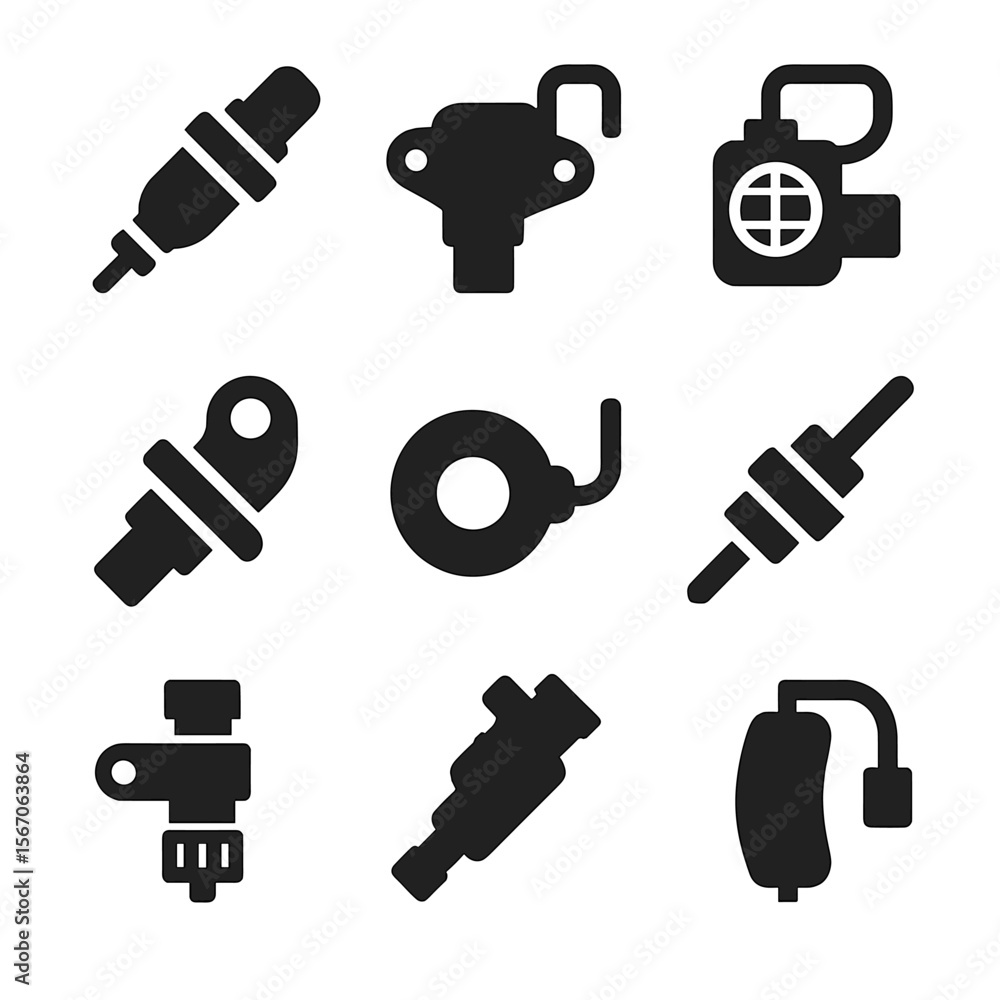 Poster automotive sensor icons. solid, filled icon set of automotive sensors: oxygen sensor, throttle posit