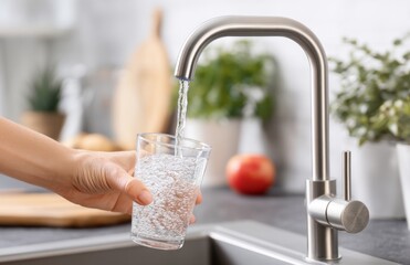 Someone in the kitchen is filling up a glass with water from the faucet, where it flows in a smooth manner into the transparent glass, and the image includes a modern chrome faucet and the sink,