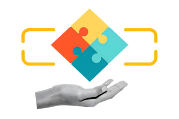 Black and white hand holding a colorful puzzle. Modern collage style. Illustration on transparent background