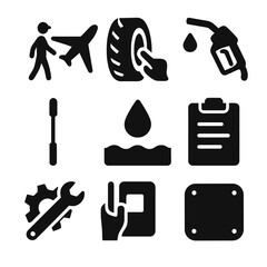 Obraz premium Aircraft Maintenance Icons. Solid, filled icon set of aircraft maintenance checks: preflight walkaround, tire inspection, fuel
