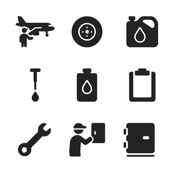 Aircraft Maintenance Icons. Solid, filled icon set of aircraft maintenance checks: preflight walkaround, tire inspection, fuel